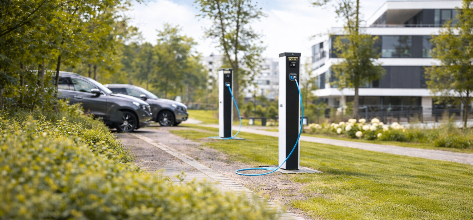 Vehículos eléctricos estacionados junto a postes de carga