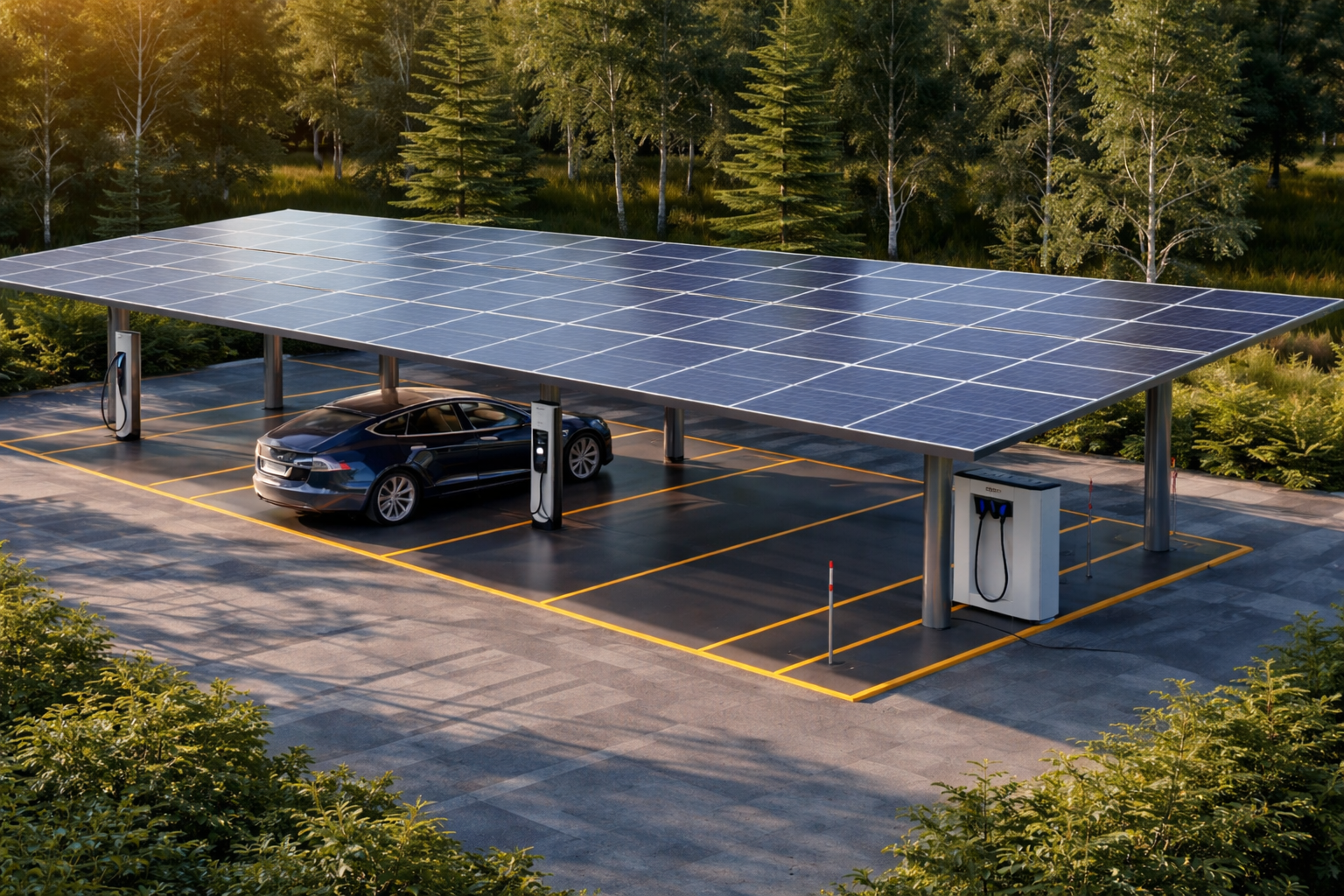 Copertura fotovoltaica per parcheggio con automobile e punto di ricarica