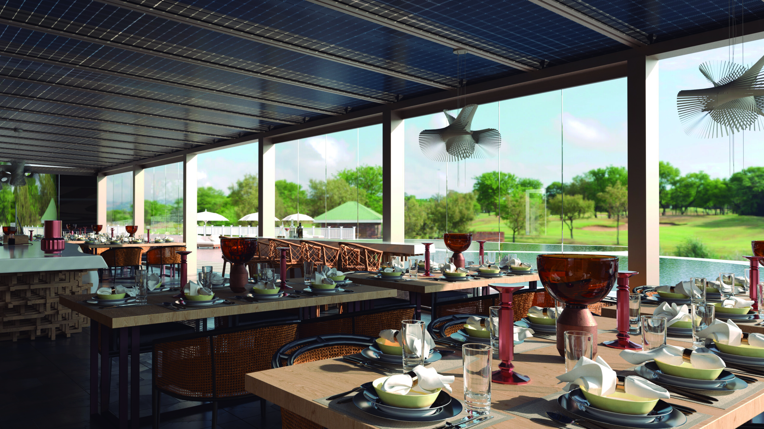 Spazio pranzo coperto da una struttura fotovoltaica