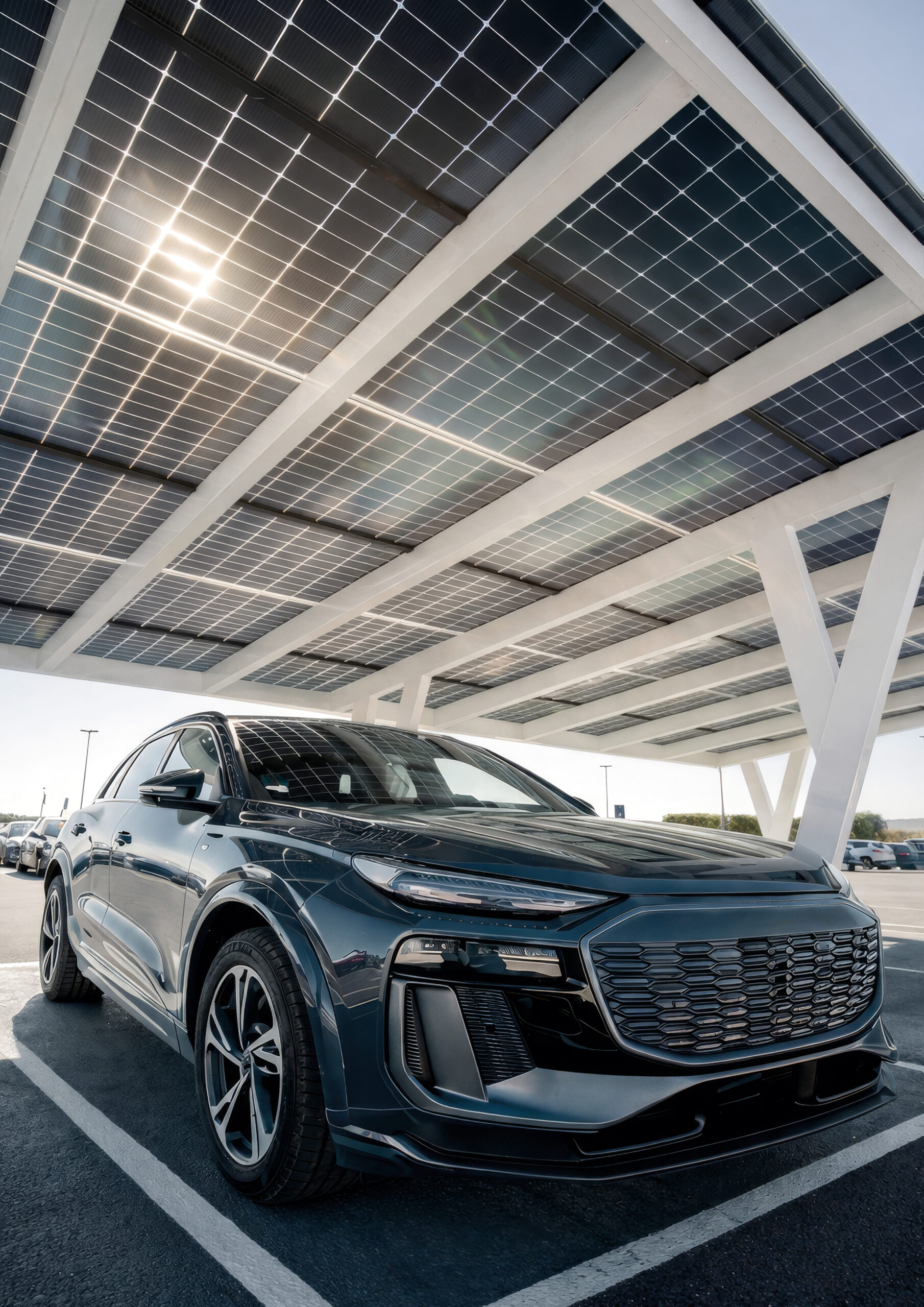 Automobile sotto una copertura in vetro fotovoltaico