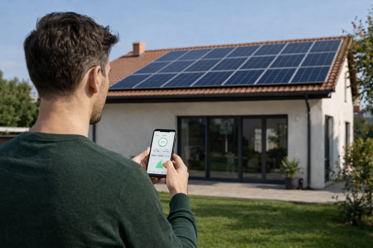 Persona che consulta lo smartphone davanti a una casa con pannelli fotovoltaici
