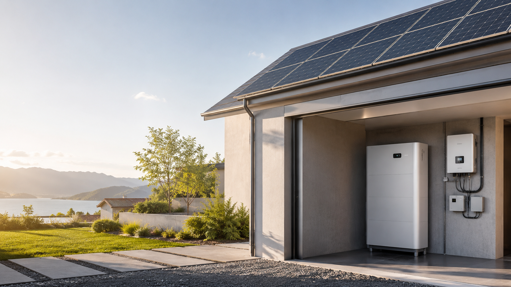 Sistema di accumulo e inverter accanto a un’abitazione