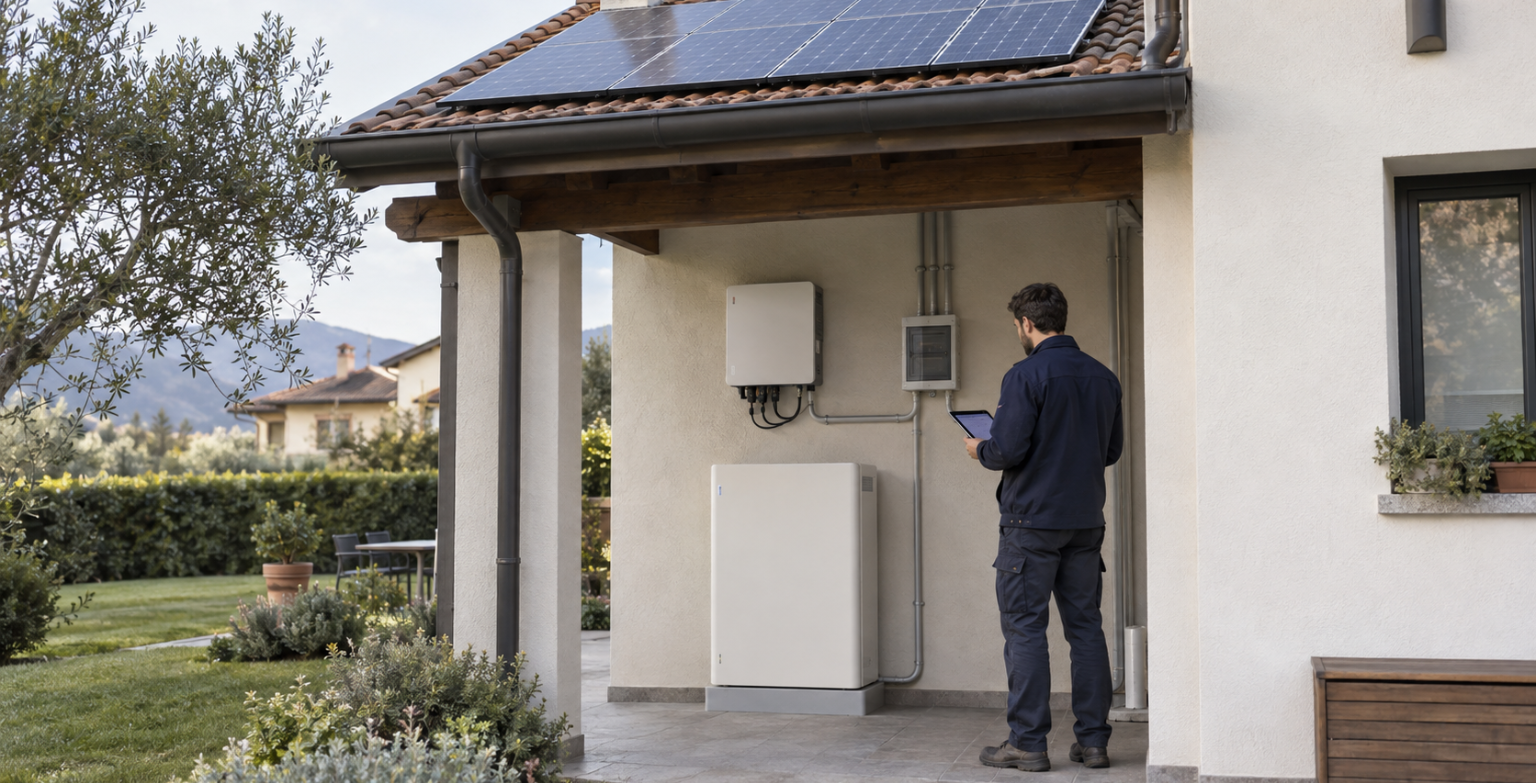 Persona con tablet accanto a inverter e batteria di una casa con fotovoltaico