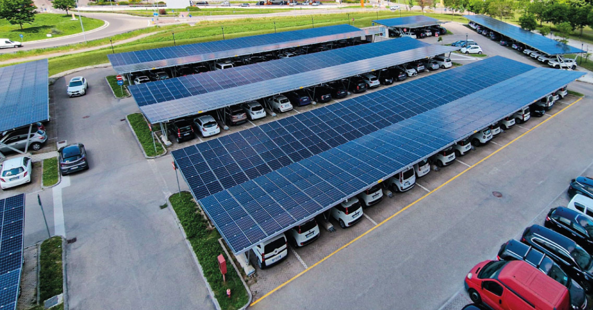 Photovoltaic pensilars covering a parking lot