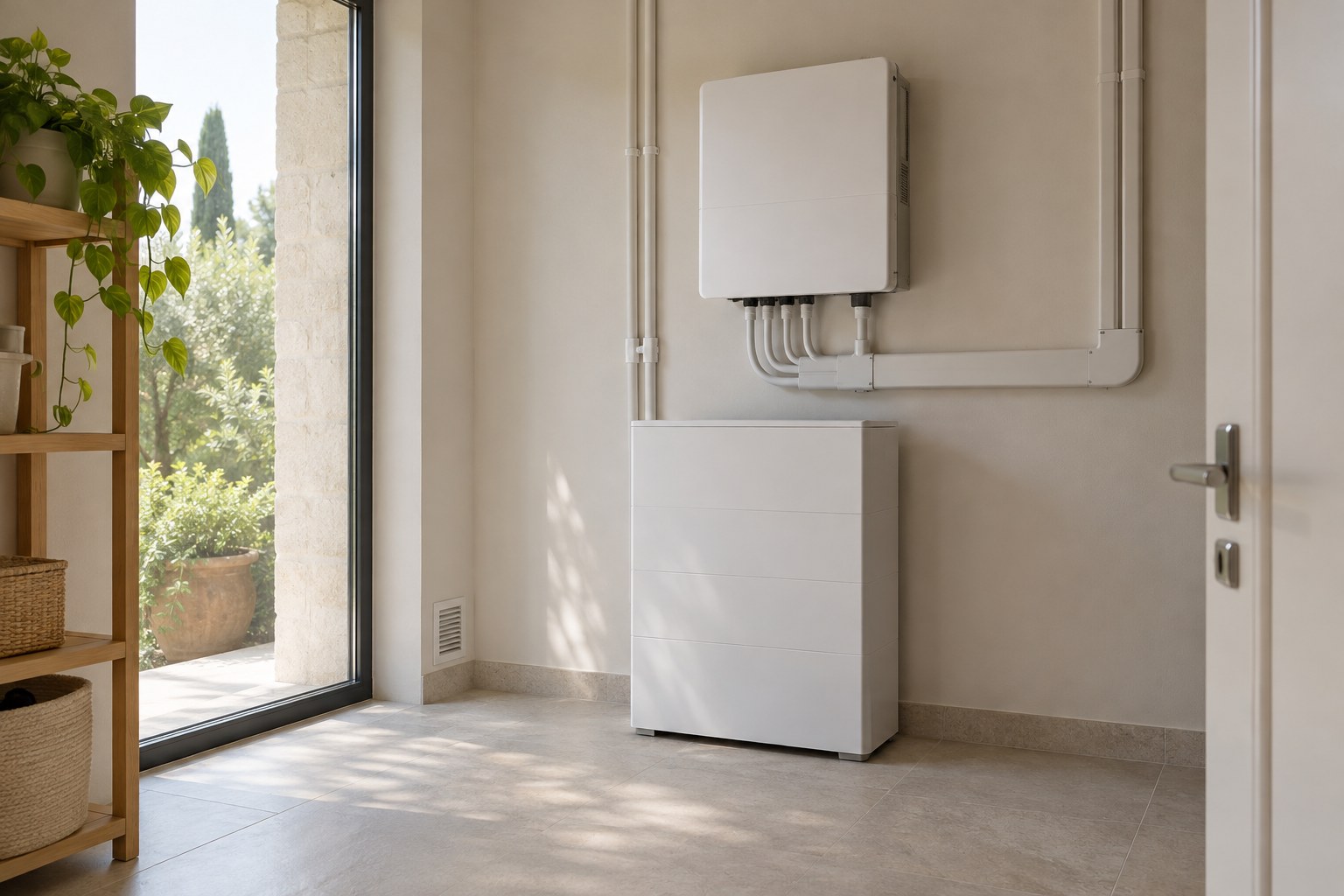 Batteria domestica e inverter in un locale tecnico ordinato