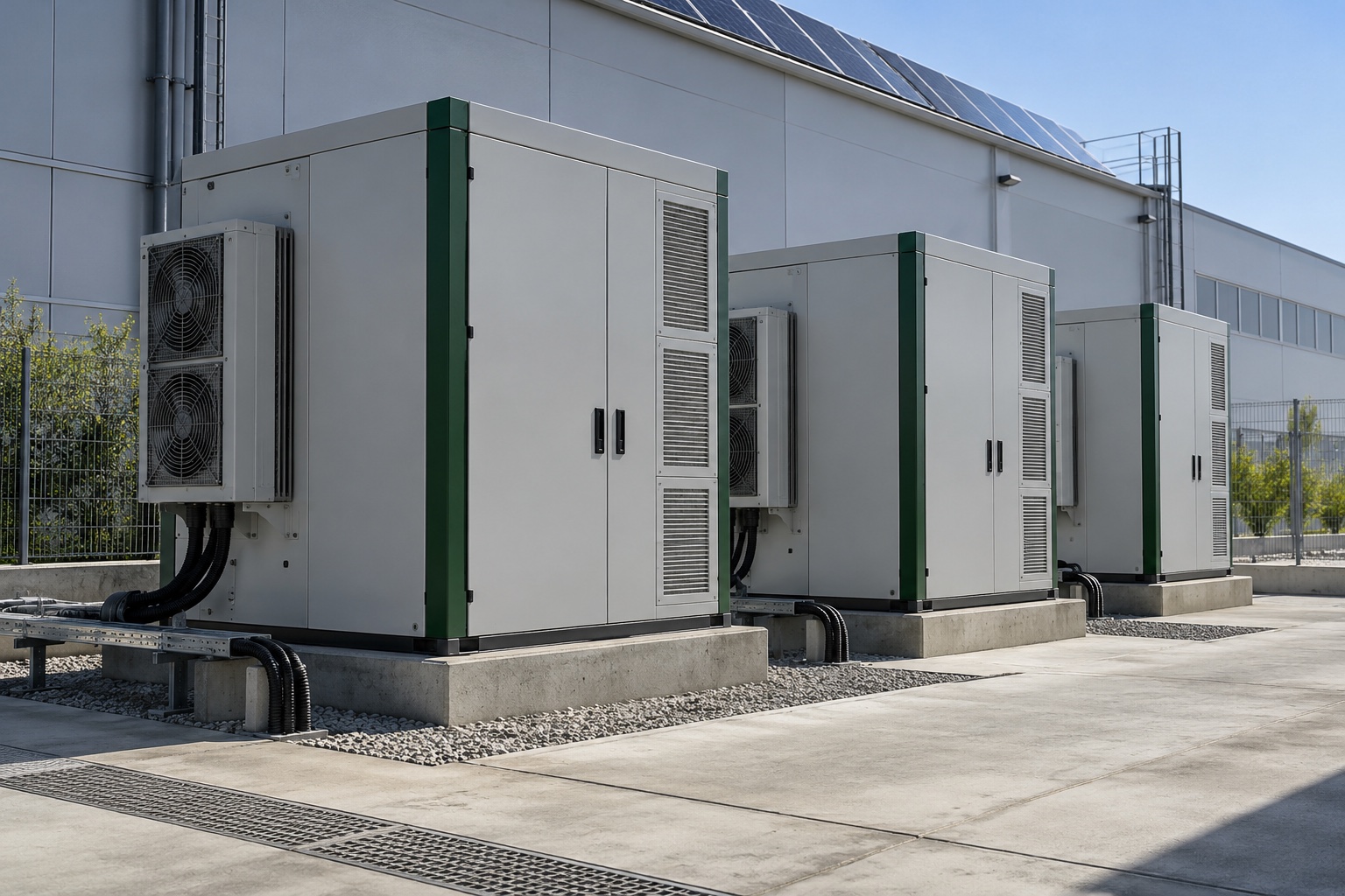 Armadi BESS industriali modulari in un’area tecnica esterna