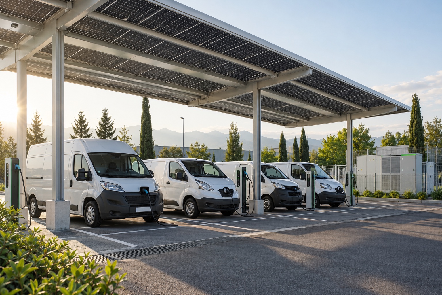 Flotta di furgoni elettrici in ricarica sotto un carport fotovoltaico