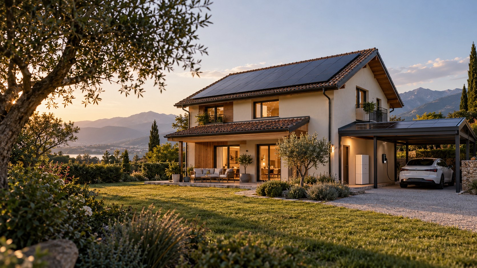 Casa con fotovoltaico, carport solare e ricarica elettrica