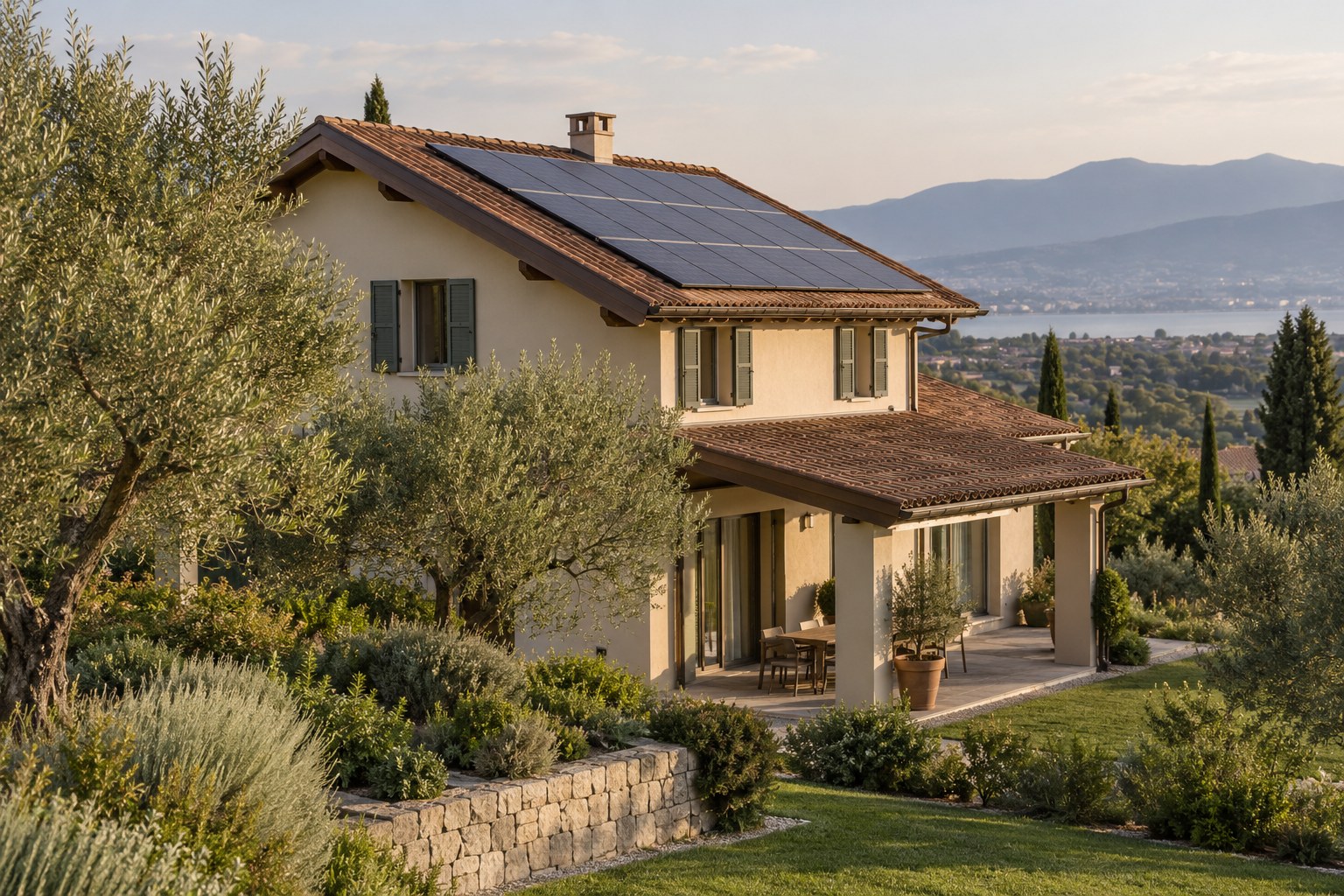 House with integrated photovoltaic panels on the roof