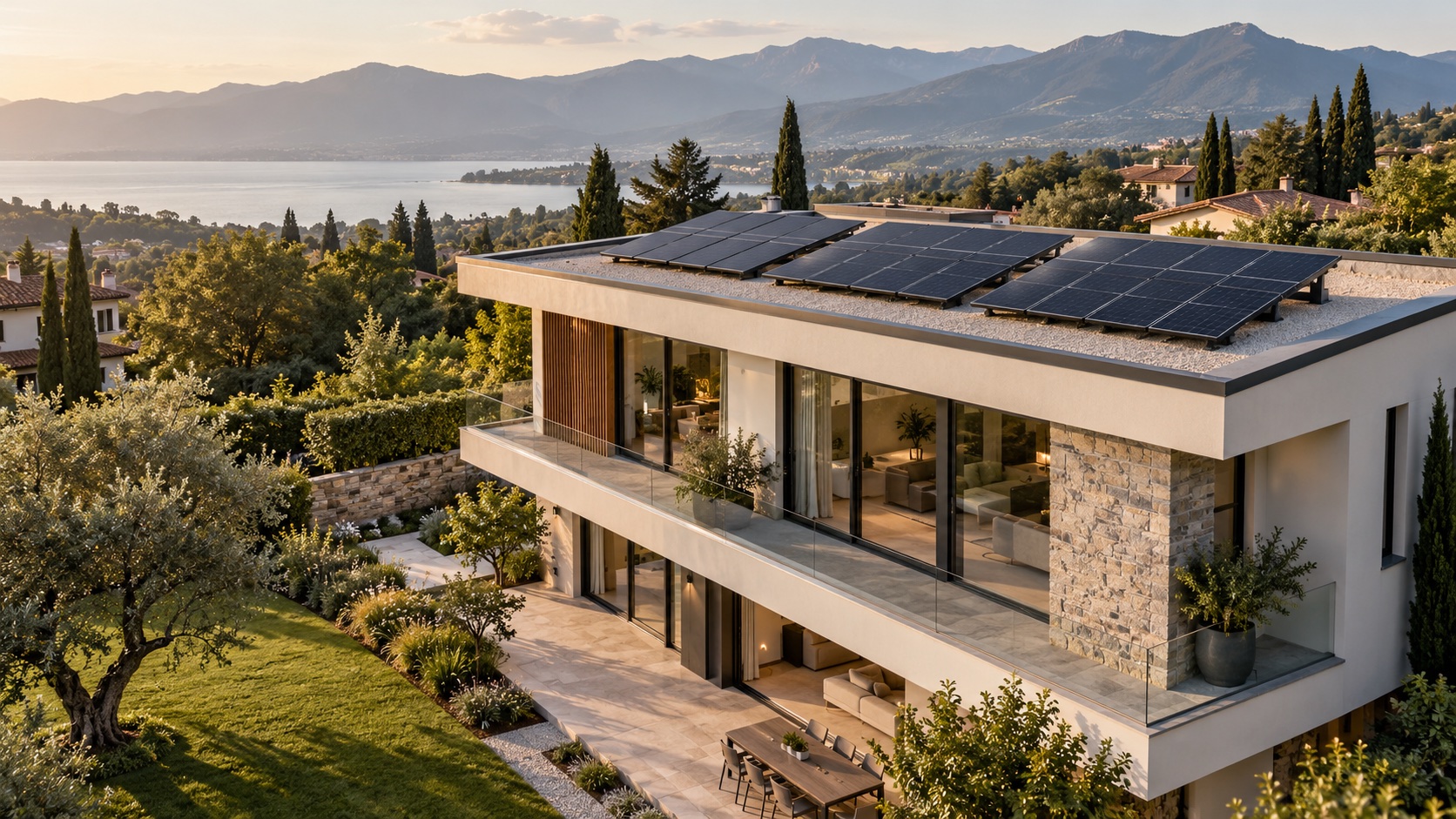 Villa moderna con módulos fotovoltaicos en la cubierta y jardín