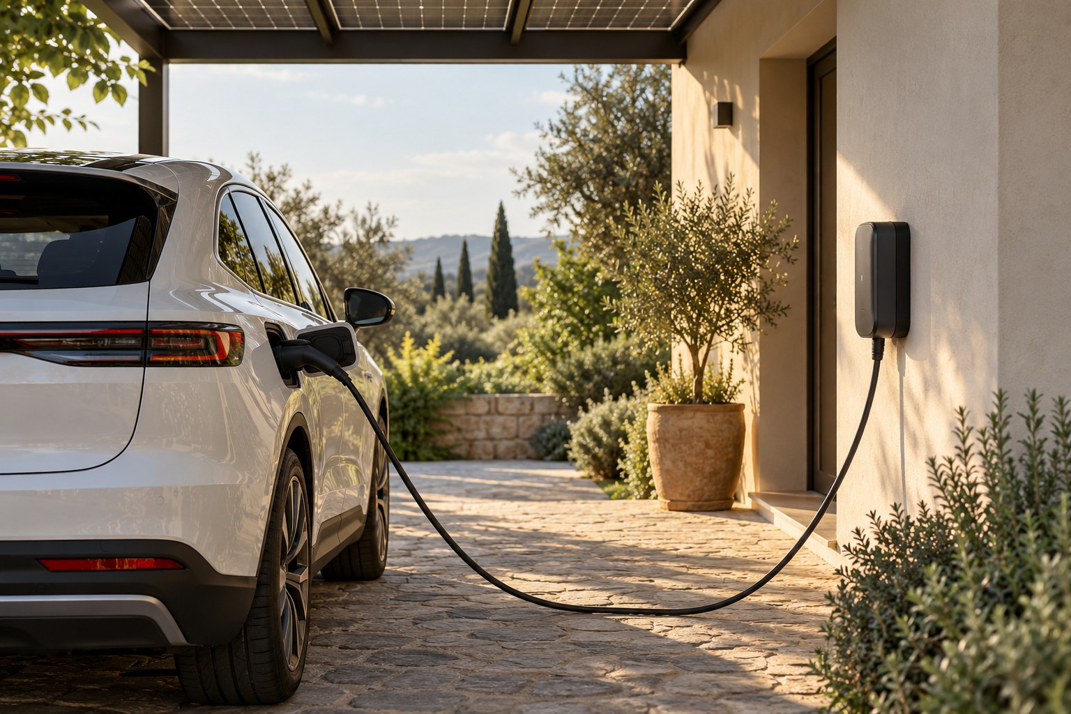 Electric car connected to a wallbox under a solar cover
