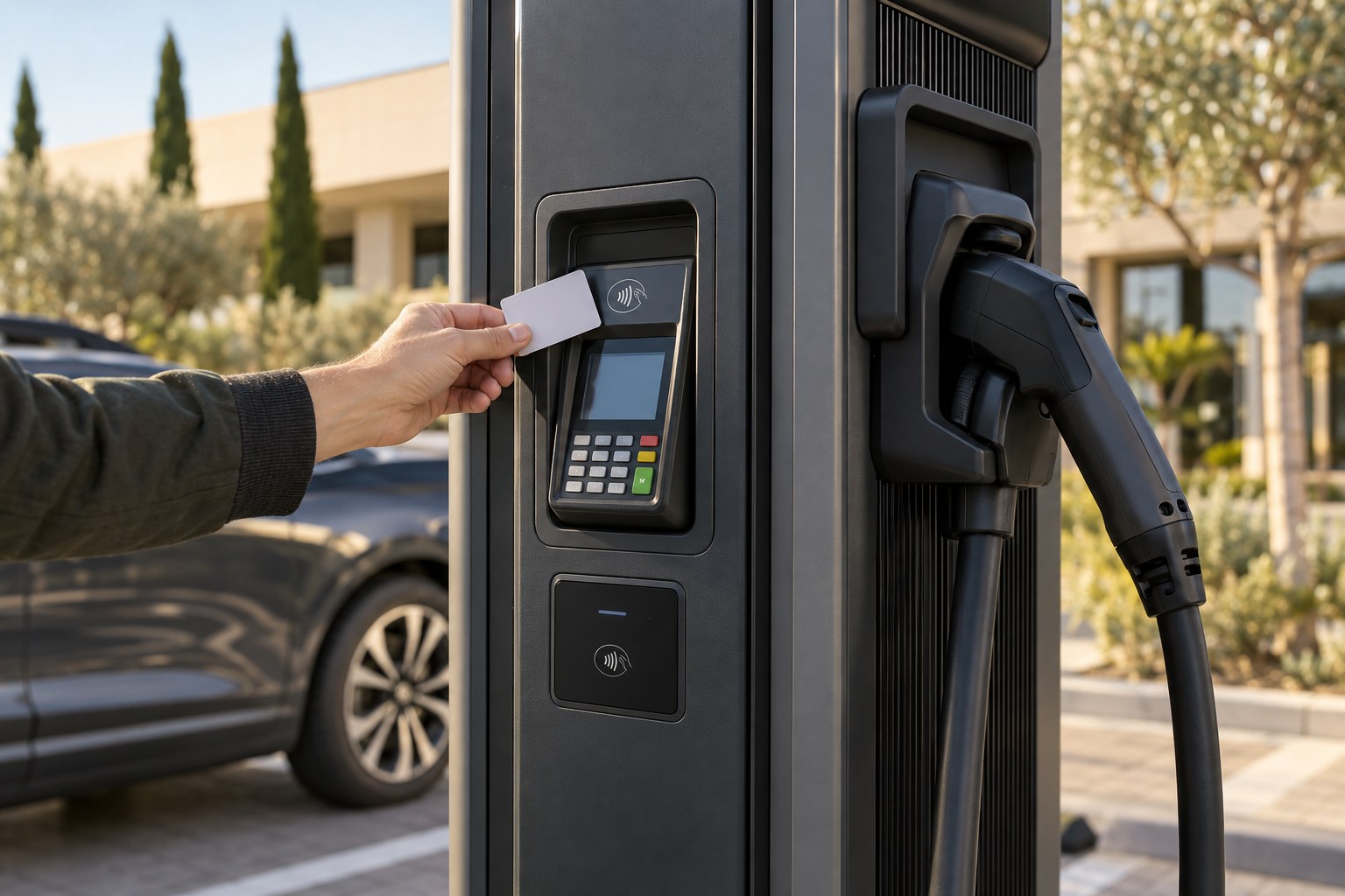 Terminale di pagamento contactless e lettore RFID su colonnina di ricarica